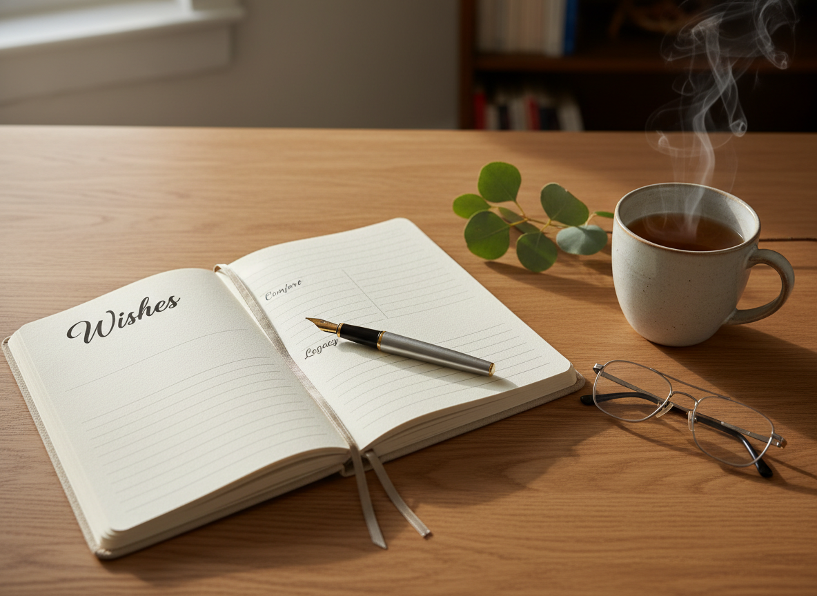 A carefully curated end-of-life planning desk scene showing an open, cream-colored planner with sections labeled “Wishes,” “Comfort,” and “Legacy,” resting on a smooth oak surface. Beside it lies a simple fountain pen, a pair of reading glasses, and a small sprig of eucalyptus. A ceramic mug of herbal tea sends up delicate steam. Soft morning light enters from the left through an unseen window, creating warm highlights on the planner’s pages and subtle shadows beneath the pen. Photographic realism with an overhead, slightly angled composition emphasizes clarity and organization, while the muted, neutral color palette and shallow depth of field evoke a calm, professional, and reassuring mood.