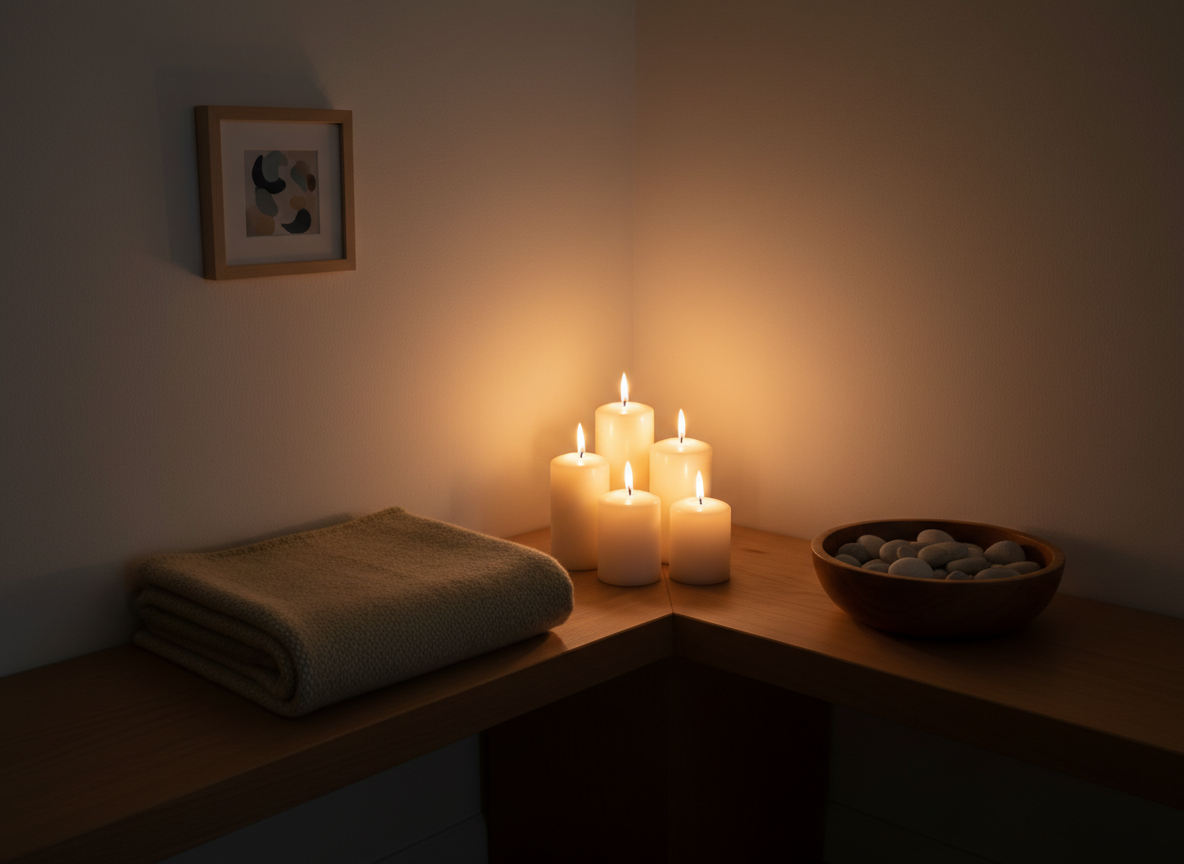 A serene corner altar-like space designed for an end-of-life vigil, featuring a low, natural wood bench holding a cluster of unscented pillar candles, a small framed abstract art piece in muted colors, a neatly folded wool blanket, and a rounded wooden bowl filled with smooth, light-colored stones. The wall behind is painted a warm, soft white, catching the gentle amber glow from the candle flames. The room is otherwise dim, with the candles providing the primary light source in photographic realism, casting soft, flickering shadows and a sense of intimate, sacred presence. Shot at eye level with a slightly off-center composition, the image feels contemplative, dignified, and deeply soothing.