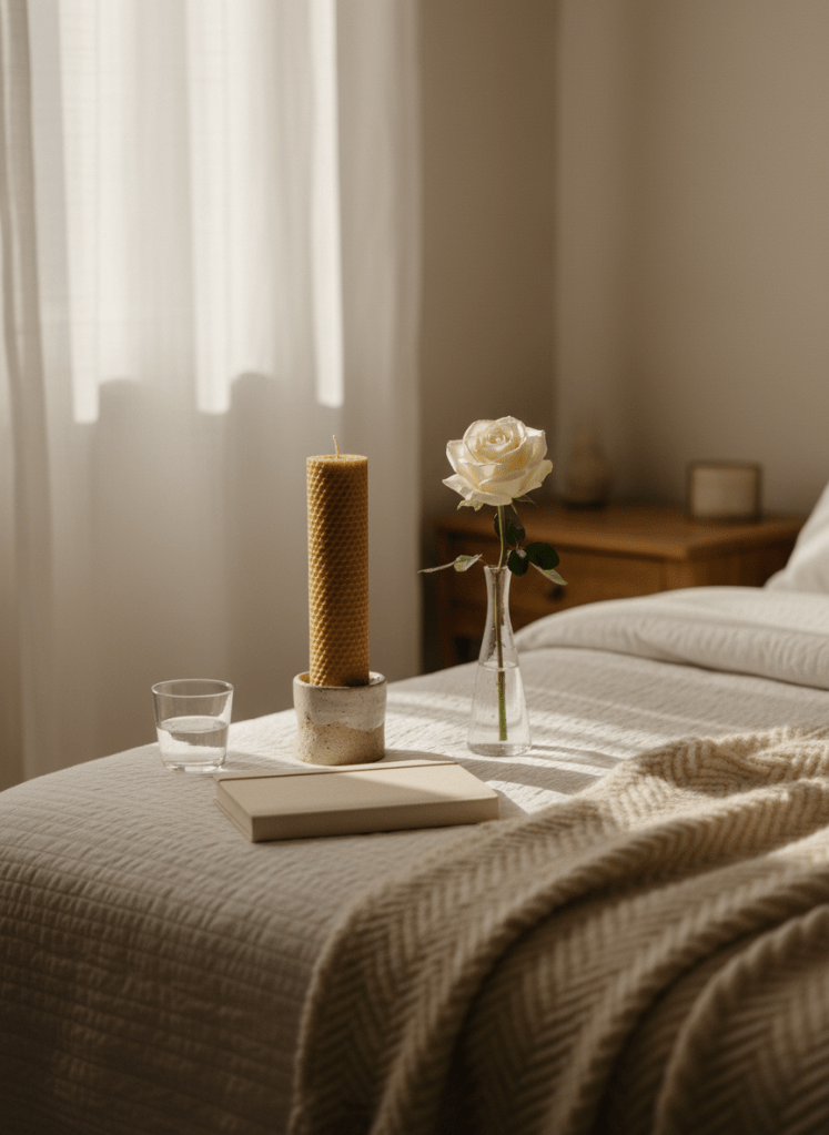A carefully arranged bedside sanctuary in a softly lit bedroom, featuring a simple wooden nightstand holding a tall beeswax candle in a ceramic holder, a small glass of water, a closed linen-bound journal, and a single white rose in a narrow vase. Diffused late-afternoon light filters through sheer curtains, casting gentle, elongated shadows across a neatly folded quilt. A woven throw rests at the foot of the bed, its texture clearly visible in photographic realism. Shot at eye level with a shallow depth of field, the candle and rose are in crisp focus while the rest of the room softly blurs, creating a calm, reverent atmosphere that suggests quiet presence and end-of-life comfort.