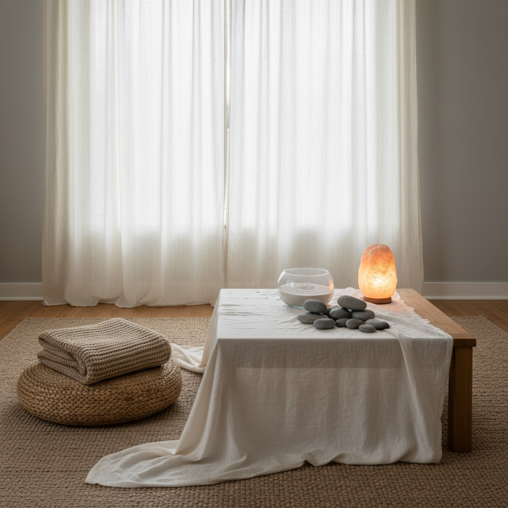 A minimalist, peaceful living room scene centered on a low wooden table draped with a soft, off-white cloth, supporting a small arrangement of smooth river stones, a sand-filled glass bowl, and a gently glowing salt lamp. Behind, a large window veiled with sheer curtains lets in muted, overcast daylight that wraps the scene in a soft, even glow. A woven floor cushion and folded blanket rest nearby on a natural fiber rug. Captured in photographic realism from a slightly elevated angle using the rule of thirds, the composition feels spacious and uncluttered, conveying a sense of grounded preparation and quiet reflection appropriate for end-of-life planning.