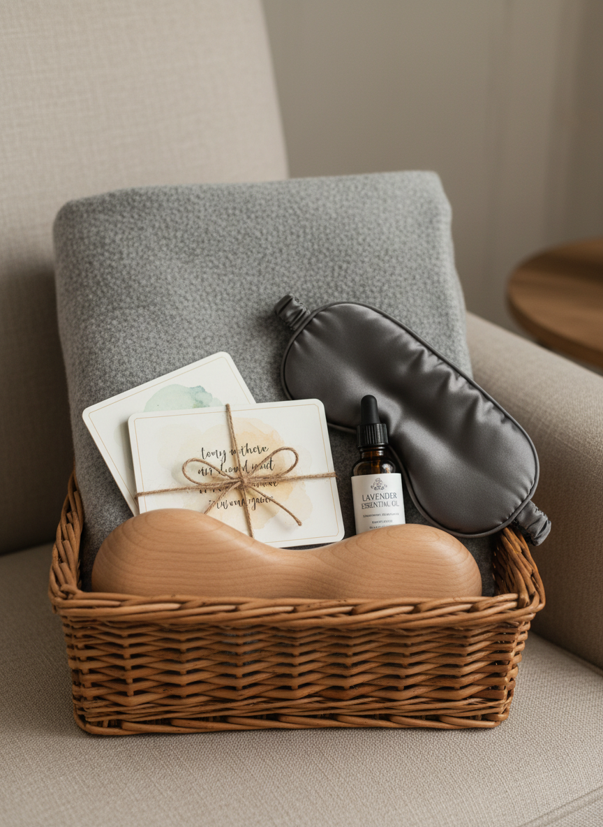 A close-up photographic realism image of a simple, handmade comfort basket designed for the final days, placed on a linen-covered chair. The basket contains a neatly folded, plush grey blanket, a small bottle of lavender essential oil, a satin sleep mask, a deck of inspiration cards tied with twine, and a smooth wooden hand rest. Soft indirect daylight from a nearby window creates a gentle, diffuse illumination, revealing the textures of fabric and wicker while casting minimal shadows. Captured at a slight diagonal from above with a shallow depth of field, the basket is in sharp focus against a softly blurred, neutral background, conveying warmth, thoughtful preparation, and nonmedical, compassionate support.